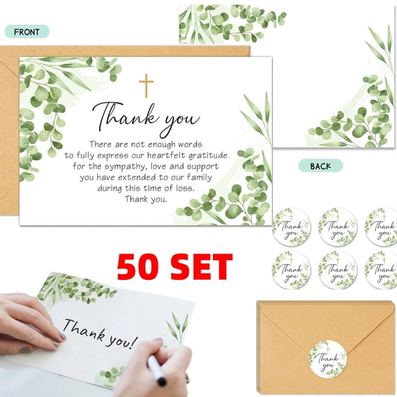 50set Funeral Thank You Cards With Envelopes & Stickers - Leaf Cross Bereavement Thank You Cards Set