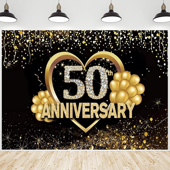 50th Anniversary Backdrop Black Gold Wedding Anniversary Photography Background Balloons Diamond Glitter Dots Happy 50 Anniversary Birthday Party Decorations Banner Photo Booth Props
