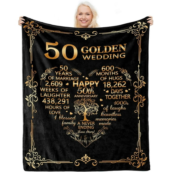 50th Anniversary Blanket Gifts, Best Gift for 50th Wedding Anniversary, Golden 50 Years of Marriage Gifts for Couple Husband Parents, Happy Anniversary Decorations Presents for Dad Mom Grandparents