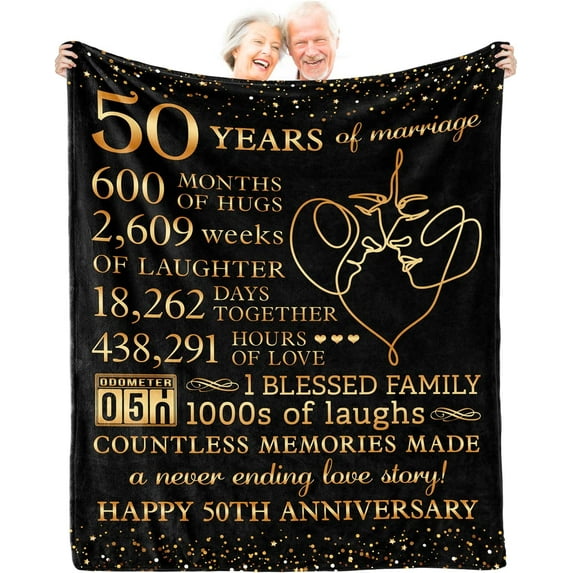 50th Anniversary Blanket Gifts -Gift for 50th Golden Wedding Anniversary 50 Years for Couple Parents Grandparents Dad Mom Husband Wife Friend 60"X 50" (Golden Black)