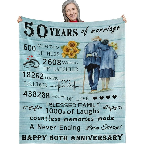 50th Anniversary Blanket, Golden 50 Years of Marriage Gifts for 50th Wedding Anniversary, 50" x 60" Flannel Blanket for Bed, Sofa, Outdoor, 50th Wedding Anniversary Blanket for Husband Wife Couple