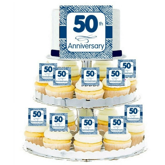 50th Anniversary Blue Edible Photo Toppers & Edible Cupcake Decoration Kit