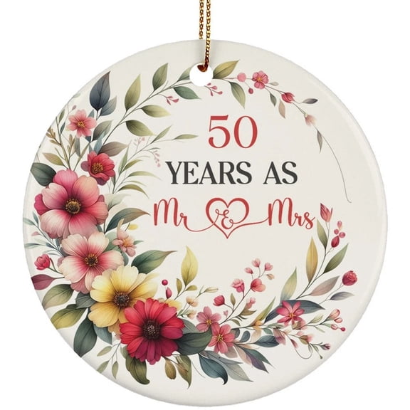 50th Anniversary Ceramic Ornament, 50 Years As Mr and Mrs Flower Wreath Christmas Gift