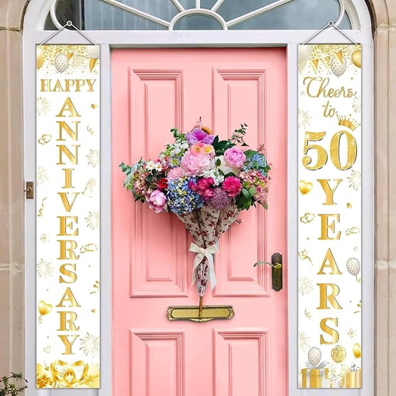 50th Anniversary Door Decorations, Happy 50th Wedding Anniversary Decoration Banner White Gold Glitter Cheers to 50 Years Door Banner Porch Sign for Men Women 50th Anniversary Wedding