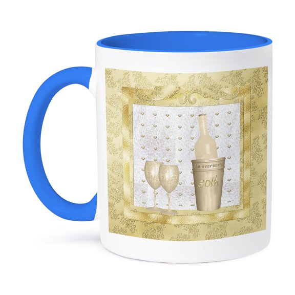 3dRose, 50th Anniversary, Gold, Bottle and Glasses, Hearts, Frame, 11oz Two-Tone Blue Mug