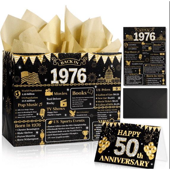 50th Anniversary Party Gift Bag,, 1976 Gift Bag with Tissue Papers Poster Envelope&Card, 50th Wedding Two-sided Anniversary Paper Gift Wrap Bags, 12"x9.5"x5.3"