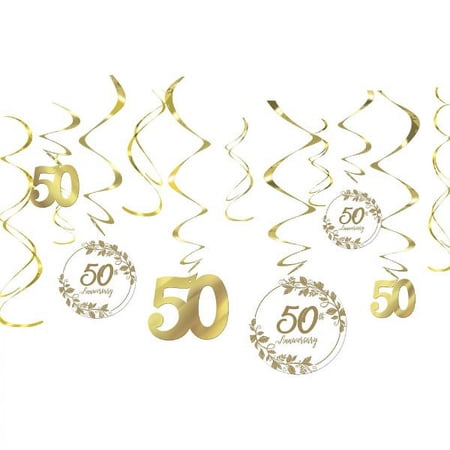 50th Anniversary Gold Foil Hanging Swirl Decorations (12ct)