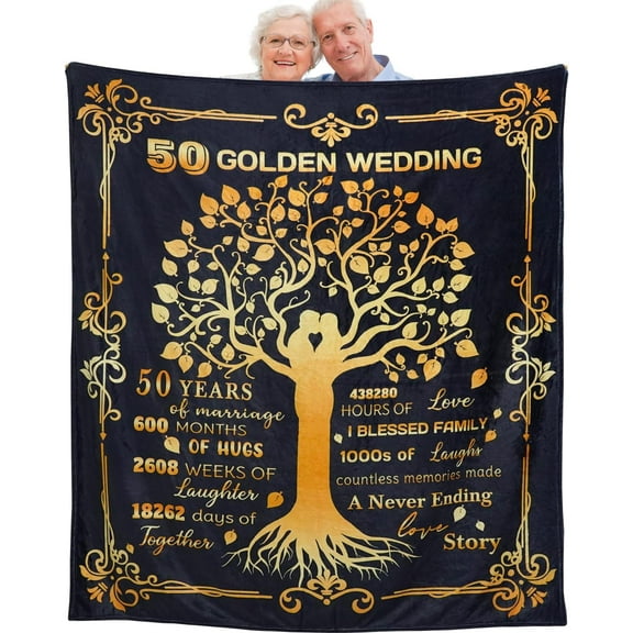50th Anniversary Throw Blanket Gifts 50th Golden Wedding for Couple Parents Grandparents Friends Golden 50 Years of Marriage Gift Ideas Throw Blankets 60"X 50"