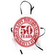 thumbnail image 1 of 50th Birthday Apron Grungy Display with Aged Rubber Stamp for Fifty Years Old Congratulation, Unisex Kitchen Bib Apron with Adjustable Neck for Cooking Baking Gardening, Vermilion White, by Ambesonne, 1 of 3