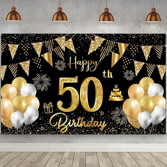 50th Birthday Backdrop Banner Black and Gold Photography Background for Men and Women Large Party Decorations Gift 180x110 cm (50th-black gold)