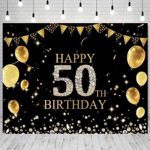 50th Birthday Backdrop Fabric Black and Gold Happy 50th Birthday Photography Background 50th Birthday Party Decorations for Men Women Family Friends Photo Shoot Props