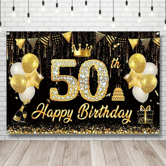 50th Birthday Backdrop,Happy 50th Birthday Decorations for Men Black and Gold 50th Background Banner 50 Years Old Decorations