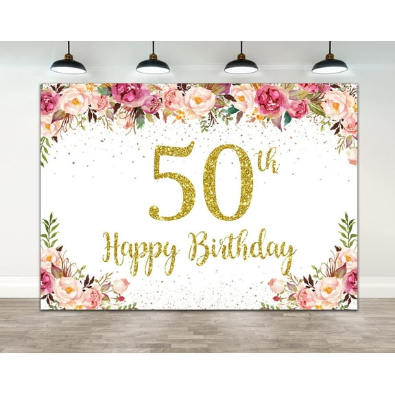 50th Birthday Backdrop for Women Pink Flower Golden Dots Photography Background Floral Adults Party Decoration Banner Photo Booth Studio Props Supplies Cake Table Banner