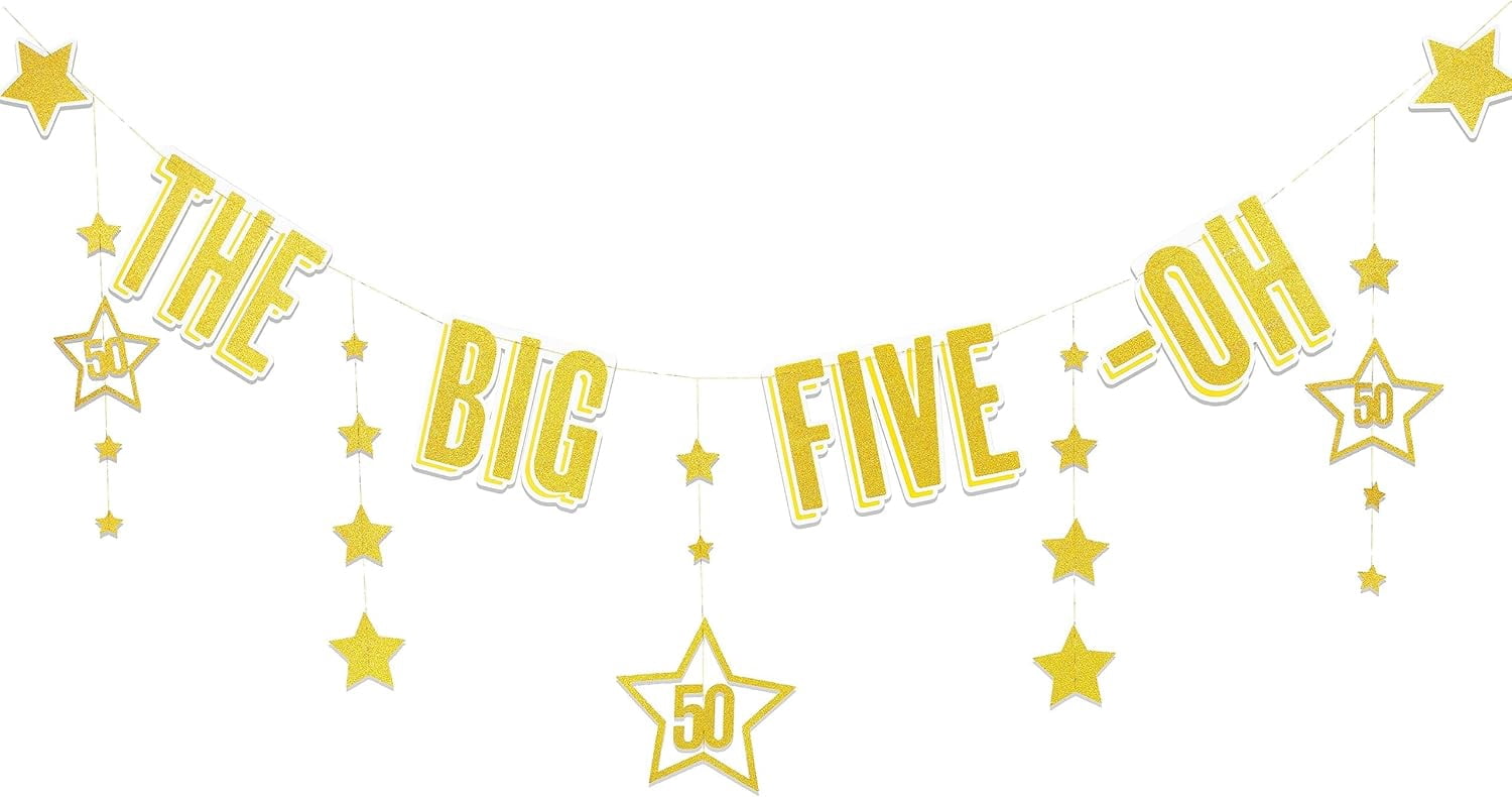 Five Oh Sticker Cheerland 50th Birthday Banner The Big Five -OH Gold Glitter 1 Pack 7.5 ...