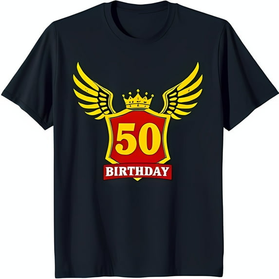 50th Birthday Black T-Shirt with Bold Red Gold Crown & Wings Design
