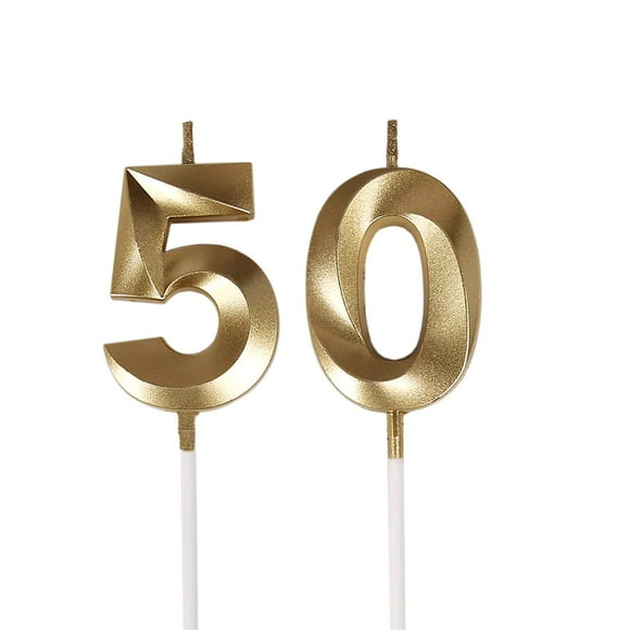 Gold Number 50 Birthday Candles, Cake Topper Decor for 50th Anniversary, Retirement, Milestone Party Supplies, Gold