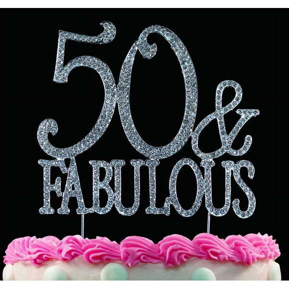 50th Birthday Cake Topper 50 and Fabulous Crystal Bling Caketop Silver or Gold