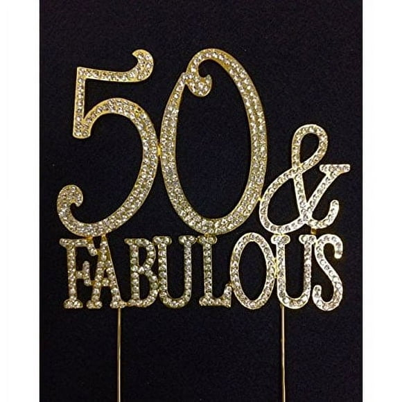 50th Birthday Cake Topper 50 and Fabulous Crystal Gold Bling Caketop
