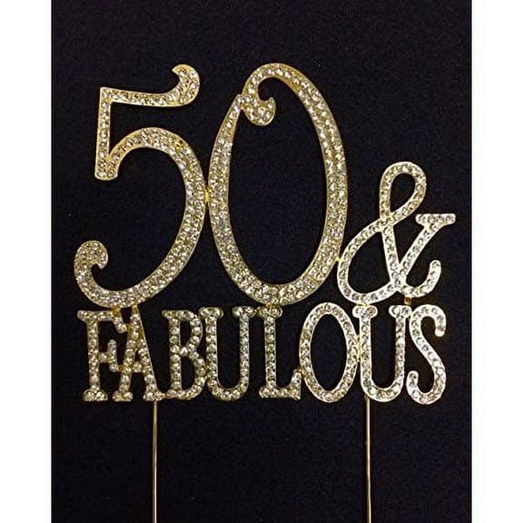 50th Birthday Cake Topper 50 and Fabulous Crystal Gold Bling Caketop