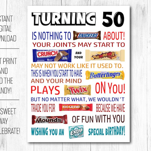 50th Birthday Candy Poster Gag Men & Women (PDF), Unframed Paper Poster 8x10in