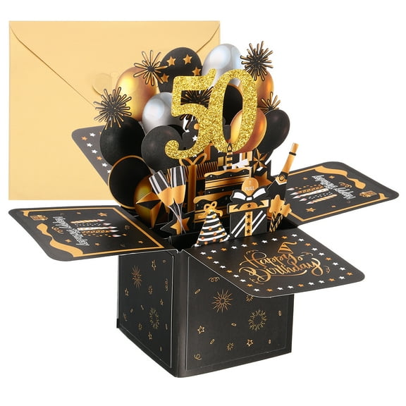 Uxcell 50th Birthday Card, Pop-Out Birthday Card with Greeting Card and Envelope for Women Girl Gift, Black Gold