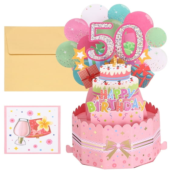 Uxcell 50th Birthday Card, Pop-Out Birthday Card with Greeting Card and Envelope for Women Girl Gift, Pink