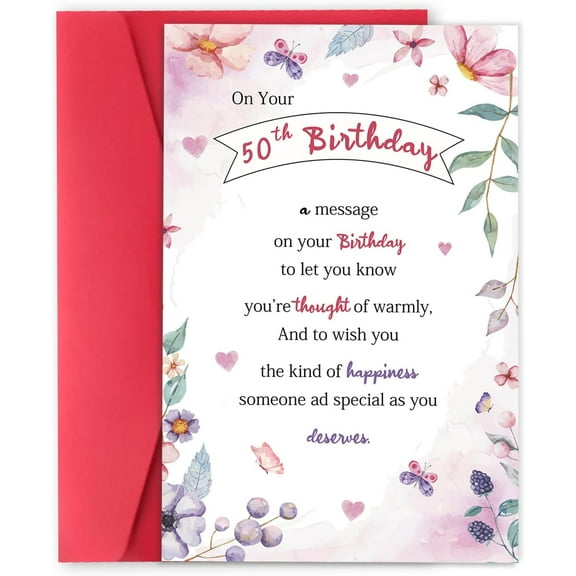 50th Birthday Card with Floral Design – Heartfelt Message and Red Envelope – Perfect for Celebrating Milestones and Showing Love