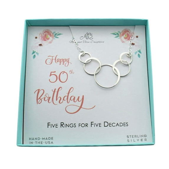 50th Birthday Charm Necklace in Sterling Silver on an 18 Inch Cable Chain. 50th Birthday Gift. Five Ring Circles