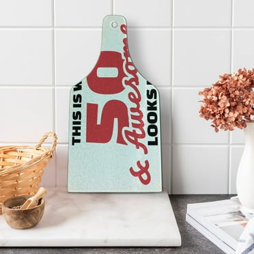 50th Birthday Cutting Board, 50 Cool Fun HWritten Style Happy Cheer Slogan, Decorative Tempered Glass Cutting and Serving Board, Wine Bottle Shape, Red Black White, by Ambesonne