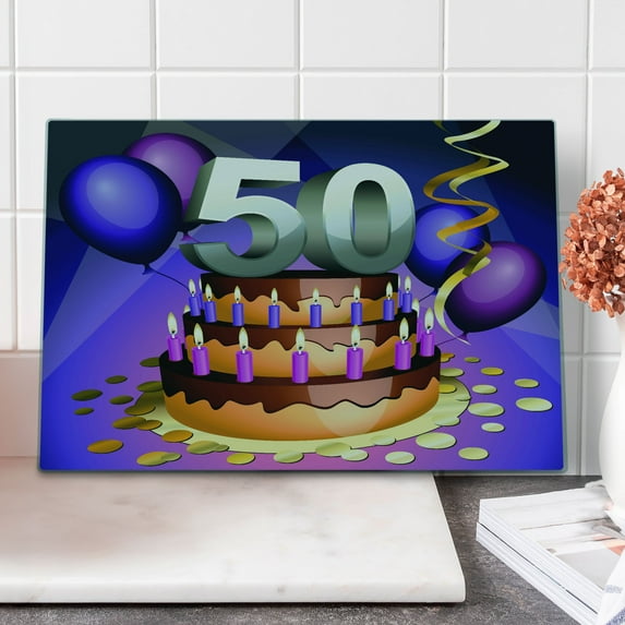 50th Birthday Cutting Board, Big Creamy Cake with Many Candles and Numbers Balloons Ribbons Art Print, Decorative Tempered Glass Cutting and Serving Board, Large Size, Multicolor, by Ambesonne