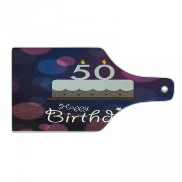 50th Birthday Cutting Board, Color Spots in Graphic Style Cake Number Candlesticks Lettering, Decorative Tempered Glass Cutting and Serving Board, Wine Bottle Shape, Blue Pink White, by Ambesonne