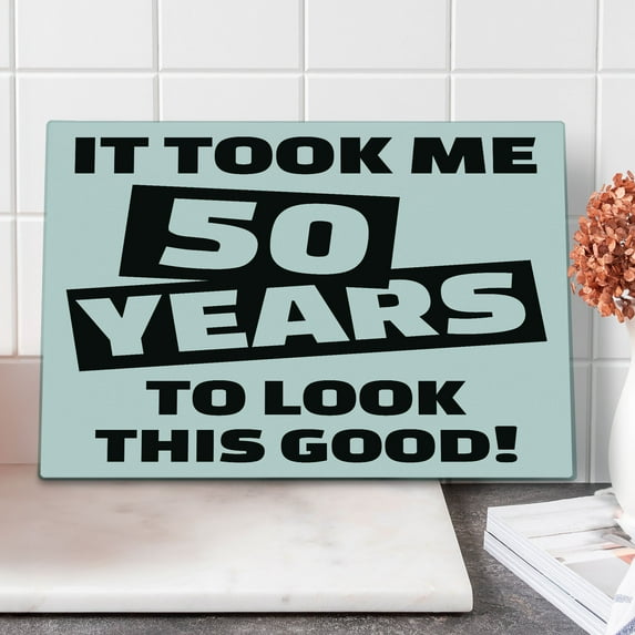 50th Birthday Cutting Board, Funny Happy Face Expression Self Confidence Themed Pictogram Style Design, Decorative Tempered Glass Cutting and Serving Board, Large Size, Black White, by Ambesonne