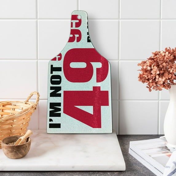 50th Birthday Cutting Board, Hilarious Catchphrase Old Age Fifthy Feeling Young Humorous and Funny, Tempered Glass Cutting and Serving Board, Wine Bottle Shape, Red Black White, by Ambesonne