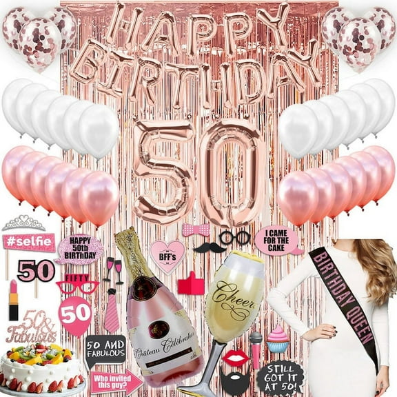 50th Birthday Decoration Rose Gold, 50 Party Supplies Decoration, 50th Sash, 50 Cake Topper, 50th Photo Props, confetti Balloons, Curtain