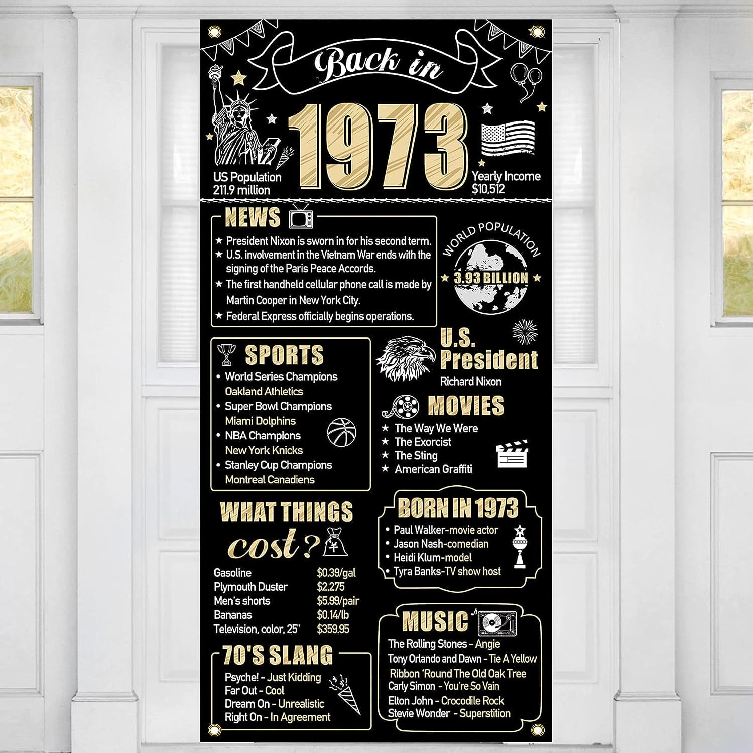50th Birthday Decorations 1973 Door Banner for Men and Women, Black