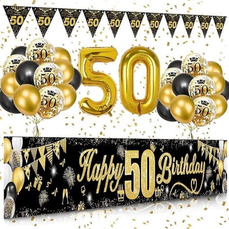 50th Birthday Decorations, Black Gold 50th Birthday Decoration Kit, Happy 50th Birthday Banners, Number 50 Balloons Black Gold Balloons Confetti Balloons with Fireworks Triangle Flag Banner