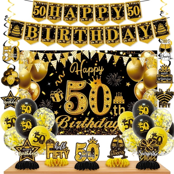 Mxdfafa Black Gold 50th Birthday Decorations Kit, Latex Balloon Backdrop Banner Table Honeycomb Centerpieces Hanging Swirl Party Supplies for Men Women 50 Year Anniversary