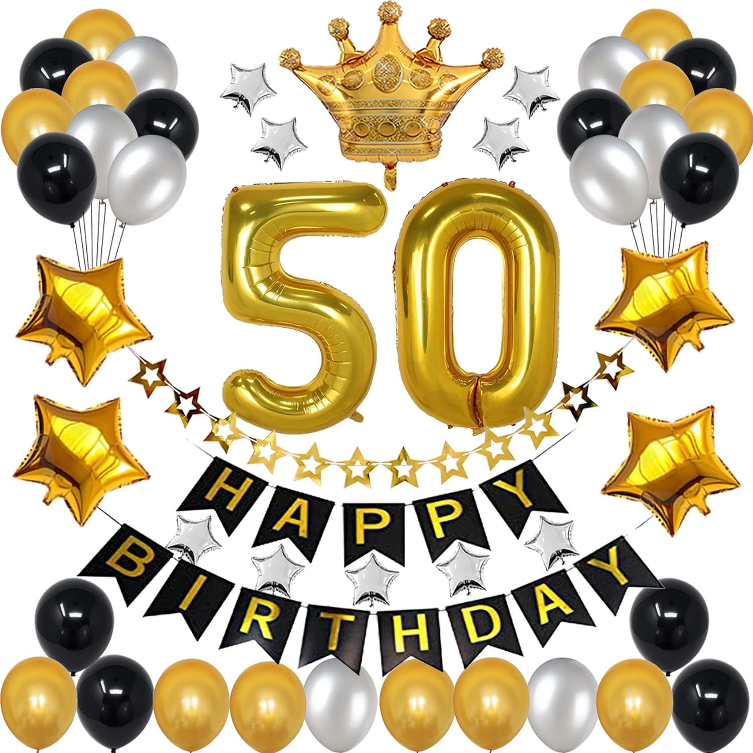 50th Birthday Decorations Black and Gold Balloons, Banner for 50Year