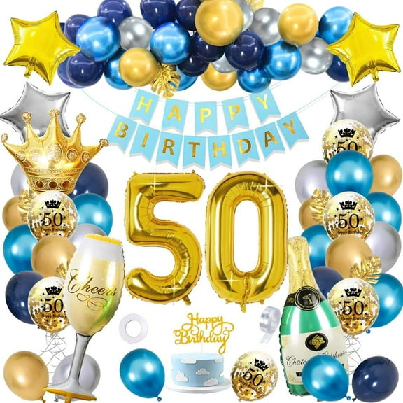 50th Birthday Decorations Boys, Navy Blue Gold Party Decorations with Happy Birthday Banner, Star Foil Balloons, Confetti Balloons, Number 50 Balloons