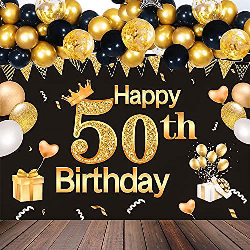 50th Birthday Decorations Happy Birthday Banner Extra Large Black Gold Sign Poster 50th Anniversary Backdrop Decorations Black and Gold Party Decorations for Man and Women Birthday Celebration