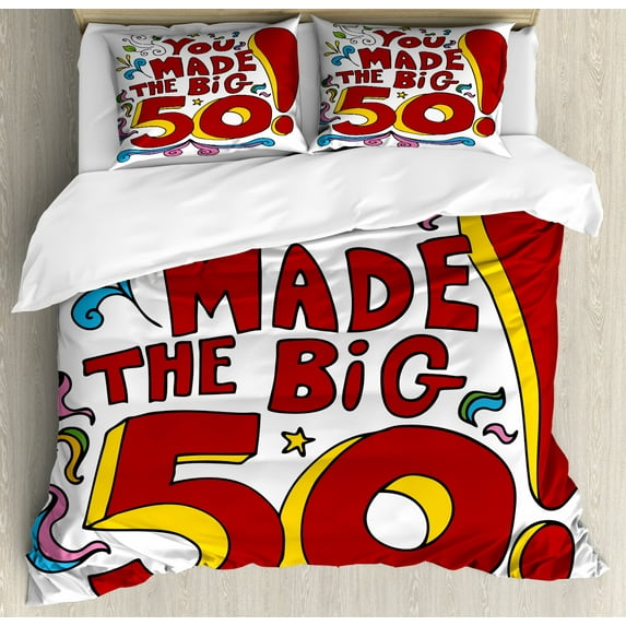 50th Birthday Decorations King Size Duvet Cover Set, Colored Floral Design Fun Cartoon Like Display Birthday Message, Decorative 3 Piece Bedding Set with 2 Pillow Shams, Multicolor, by Ambesonne