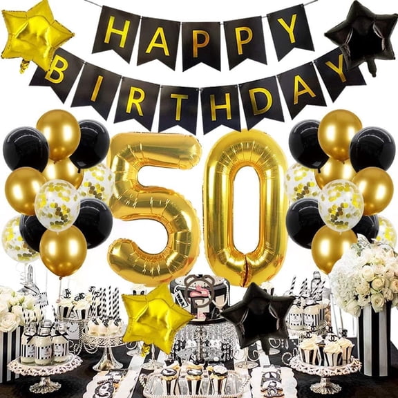 50th Birthday Decorations Kit, Black Gold Party Supplies with 40'' Number 50 Foil Balloons, Happy Banner, Star Swirls and 20 Confetti Latex Balloons