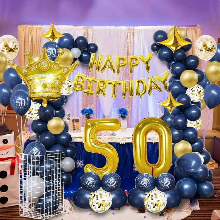 50th Birthday Decorations Men, Birthday Party Balloon Decorations set, 50th  Birthday Banner Blue Gold Latex Balloons Birthday Party Decoration for