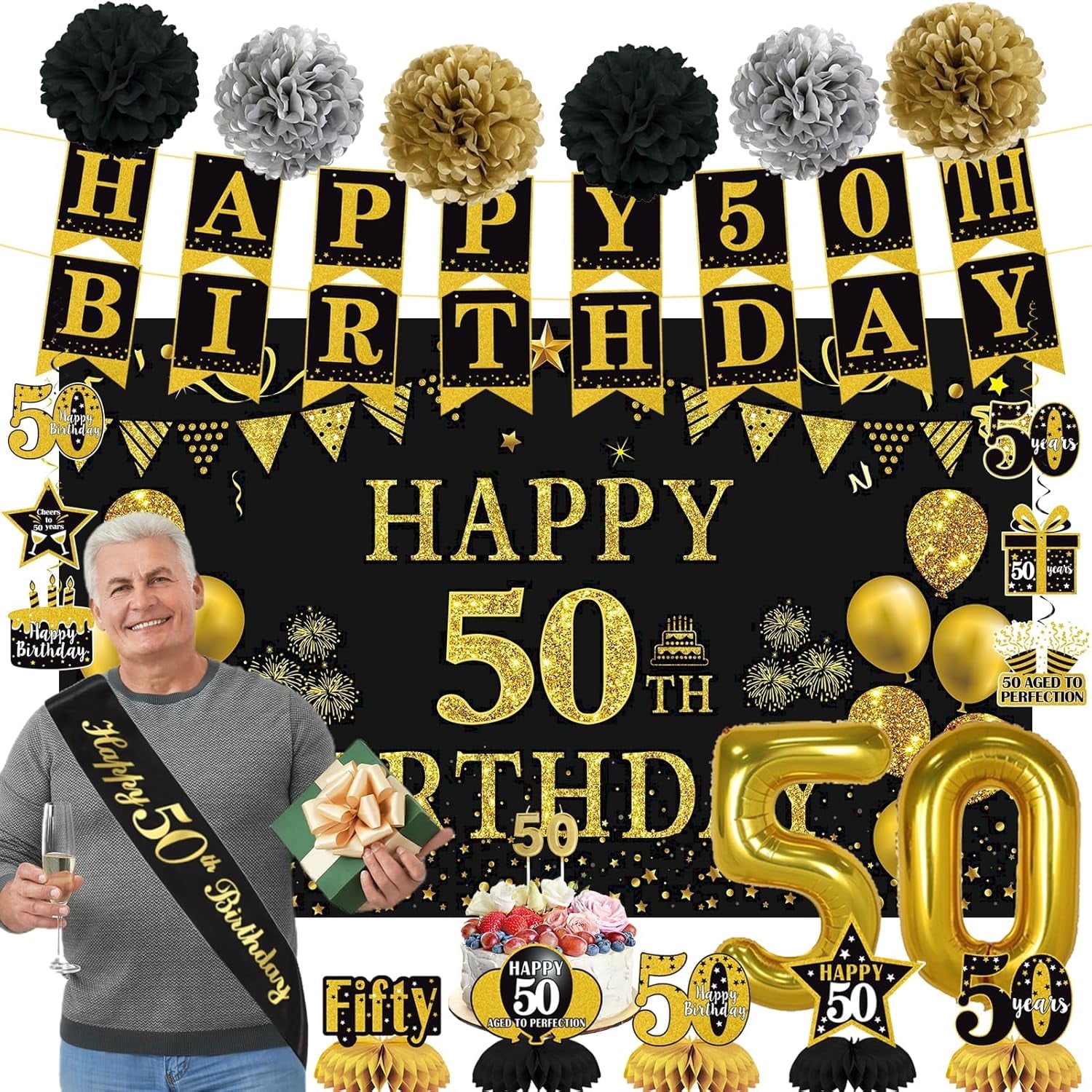 Large 50th Birthday Banner - Black & Gold Funny Backdrop, 78x71 Inches, Photo Booth Decor