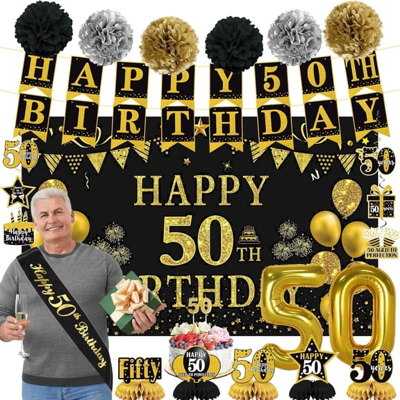 50th Birthday Decorations for Men Women, 22pcs Black Gold Birthday Party Supplies, Banner, Hanging Swirl Flag, 50th Sash&Pompoms, Balloons, 50 Year Old Party Decorations Set