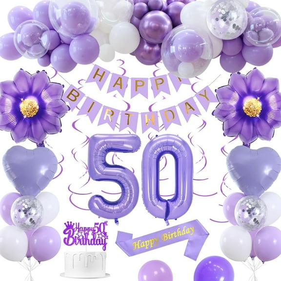 50th Birthday Decorations, Purple 50th Birthday Decorations for women Macaron Purple White Balloons HAPPY BIRTHDAY Banner Number 50 Balloons Heart Balloons Cake Topper