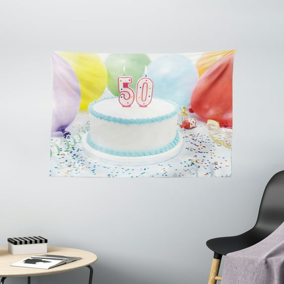 50th Birthday Decorations Tapestry, White Sweet Cake on Table with Colorful Balloons Confetti Party, Wall Hanging for Bedroom Living Room Dorm Decor, 60W X 40L Inches, Multicolor, by Ambesonne