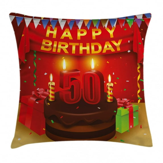 50th Birthday Decorations Throw Pillow Cushion Cover, Chocolate Cake Number Candles Presents Confetti Ribbons Flags, Decorative Square Accent Pillow Case, 16 X 16 Inches, Multicolor, by Ambesonne