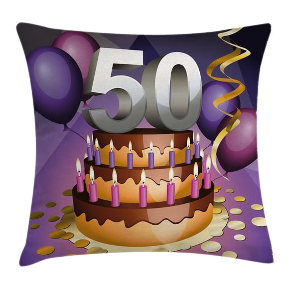 50th Birthday Decorations Throw Pillow Cushion Cover, Creamy Cake with Many Candles and Numbers Balloons Ribbons, Decorative Square Accent Pillow Case, 16 X 16 Inches, Purple Gold Grey, by Ambesonne