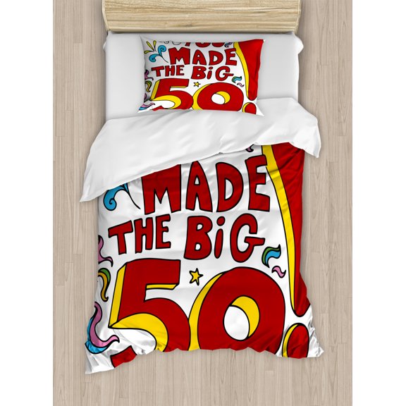 50th Birthday Decorations Twin Size Duvet Cover Set, Colored Floral Design Fun Cartoon Like Display Birthday Message, Decorative 2 Piece Bedding Set with 1 Pillow Sham, Multicolor, by Ambesonne